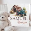 Rustic Barn Scene Custom Name Personalized Farm Tractor Baby Blanket Toddler Keepsake Bedding Gift