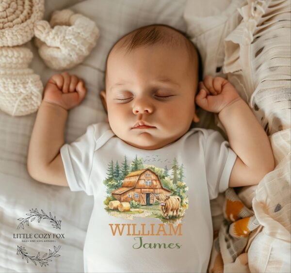 Personalized Baby Onesie® Highland Cow Rustic Barn Cow Farmhouse Theme Perfect Baby Shower Gift - Image 2
