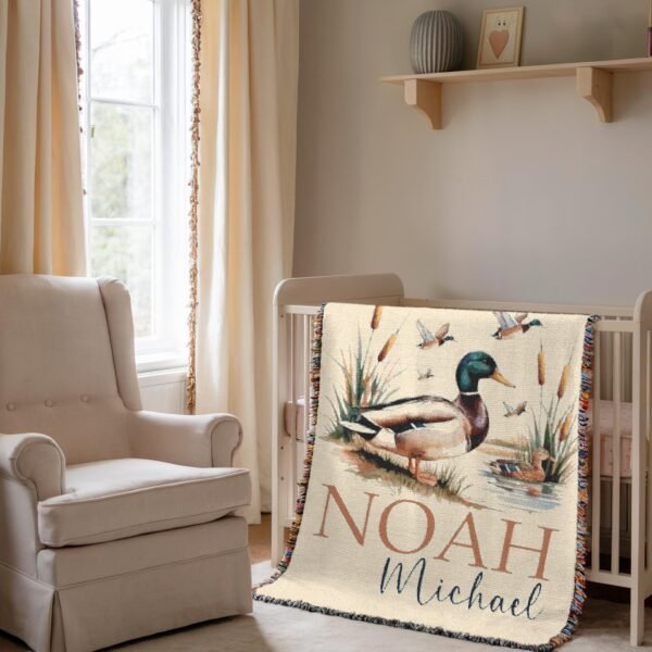 Custom Duck Hunter Woven Baby Blanket - Personalized Woodland Mallard Duck Cotton Tapestry Nature Nursery Decor - Unique Baby Shower Gift - Image 6