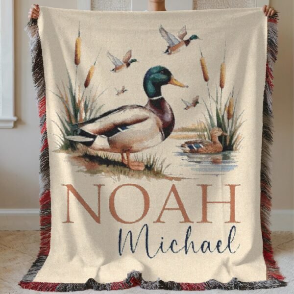 Custom Duck Hunter Woven Baby Blanket - Personalized Woodland Mallard Duck Cotton Tapestry Nature Nursery Decor - Unique Baby Shower Gift - Image 4
