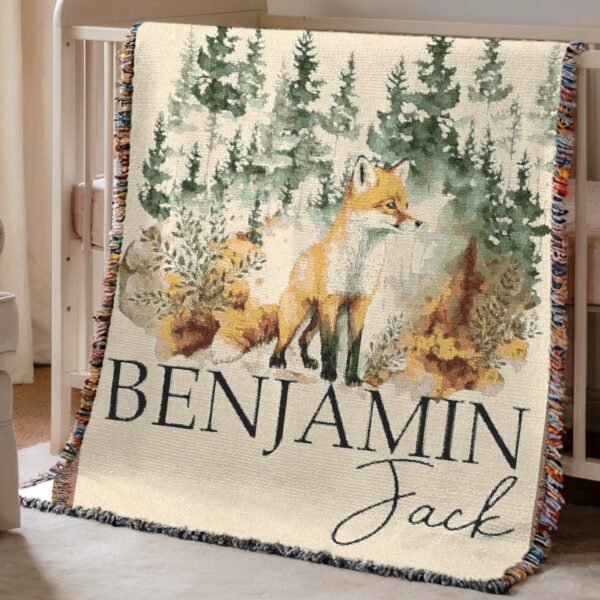 Personalized Woodland Fox Baby Blanket Forest Nursery Decor Custom Baby Gift Cozy Keepsake Woven Blanket - Image 2
