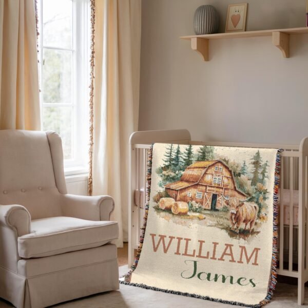 Personalized Barn Highland Cow Baby Blanket with Custom Name Rustic Barn Scene Woven Blanket Tapestry - Image 6