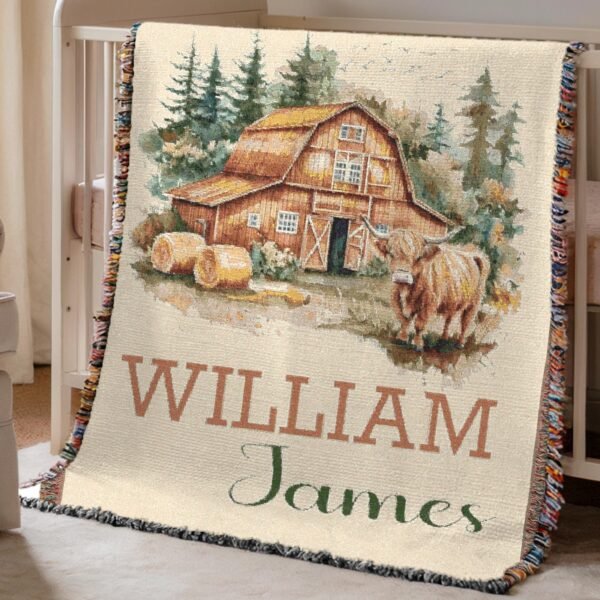 Personalized Barn Highland Cow Baby Blanket with Custom Name Rustic Barn Scene Woven Blanket Tapestry - Image 2