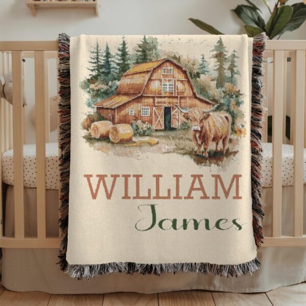 Personalized Barn Highland Cow Baby Blanket with Custom Name Rustic Barn Scene Woven Blanket Tapestry