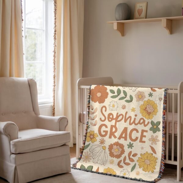 Personalized Name Baby Blanket Floral Baby Girl Custom Name Nursery Decor Gift Custom Woven Blanket Boho Hippie Nursey Wall Tapestry - Image 4