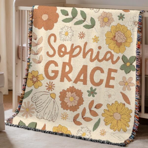 Personalized Name Baby Blanket Floral Baby Girl Custom Name Nursery Decor Gift Custom Woven Blanket Boho Hippie Nursey Wall Tapestry - Image 2