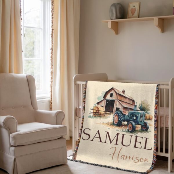 Personalized Woven Blanket Farm Vintage Tractor Baby Blanket with Rustic Barn Scene Baby Boy Custom Name Heirloom Nursery Bedding Gift - Image 5