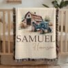 Personalized Woven Blanket Farm Vintage Tractor Baby Blanket with Rustic Barn Scene Baby Boy Custom Name Heirloom Nursery Bedding Gift