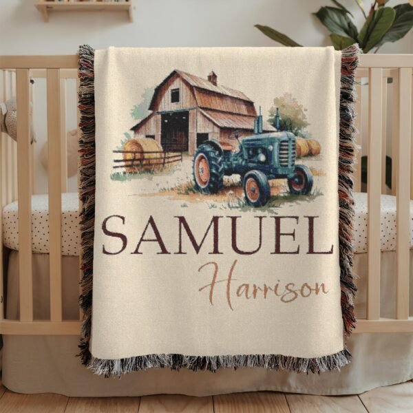 Personalized Woven Blanket Farm Vintage Tractor Baby Blanket with Rustic Barn Scene Baby Boy Custom Name Heirloom Nursery Bedding Gift