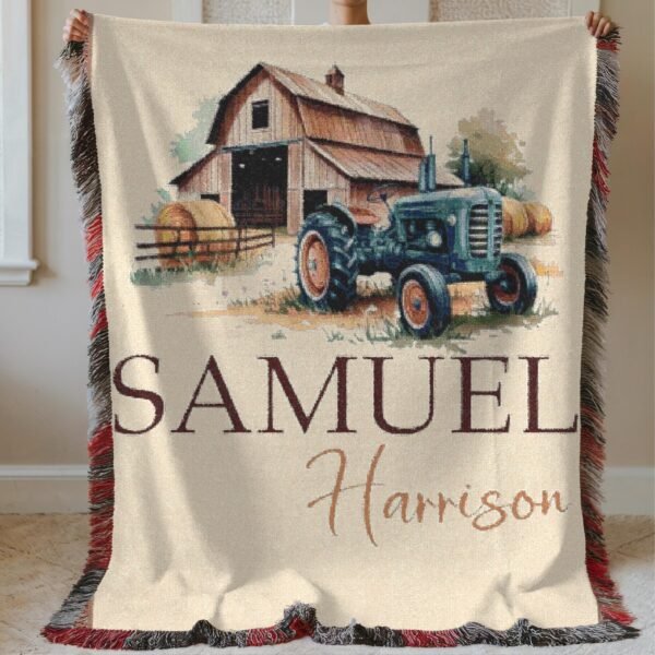 Personalized Woven Blanket Farm Vintage Tractor Baby Blanket with Rustic Barn Scene Baby Boy Custom Name Heirloom Nursery Bedding Gift - Image 3