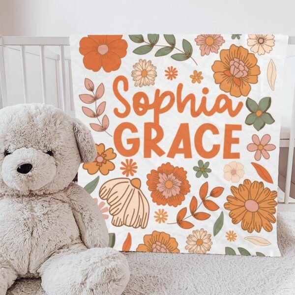 Personalized Floral Groovy Flower Name Blanket Retro Boho Custom Baby Name Gift Floral Nursery Decor