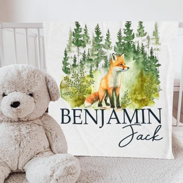 Fox Woodland Animal Personalized Custom Baby Blanket - Forest Theme Newborn Gift Cozy Keepsake - Image 2