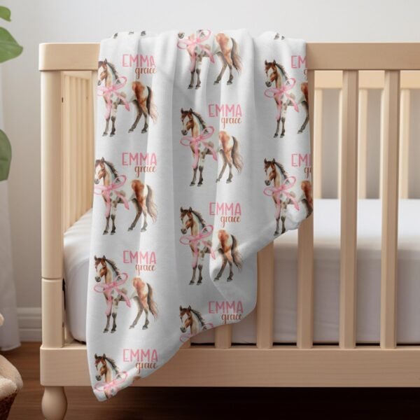 Personalized Horse Pink Coquette Bow Blanket Custom Baby Girl Gift Unique Equestrian Theme Keepsake Cozy Nursery Toddler Kids Gift - Image 10