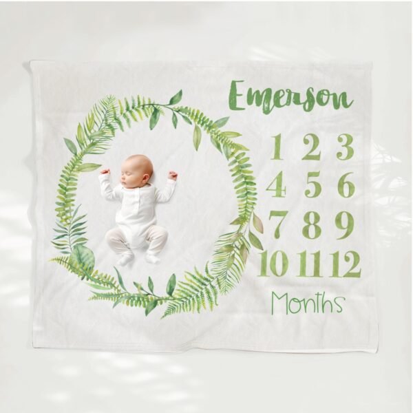 Personalized Greenery Wreath Baby Milestone Blanket Custom Name Baby Monthly Photoshoot Keepsake - Image 2
