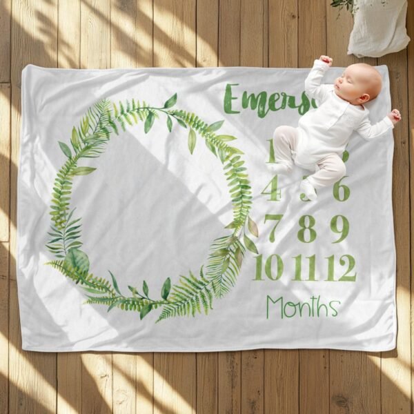 Personalized Greenery Wreath Baby Milestone Blanket Custom Name Baby Monthly Photoshoot Keepsake - Image 10