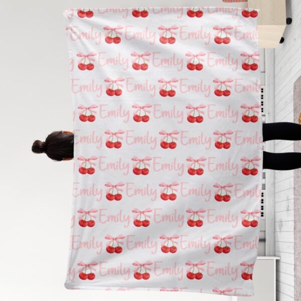 Personalized Cherry Pattern Baby Blanket Pink Coquette Bow Custom Name Stylish Gift - Image 10