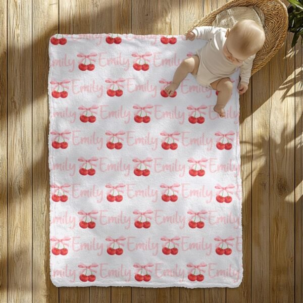 Personalized Cherry Pattern Baby Blanket Pink Coquette Bow Custom Name Stylish Gift - Image 4