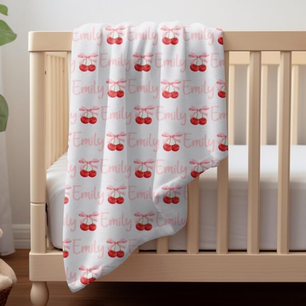 Personalized Cherry Pattern Baby Blanket Pink Coquette Bow Custom Name Stylish Gift - Image 8