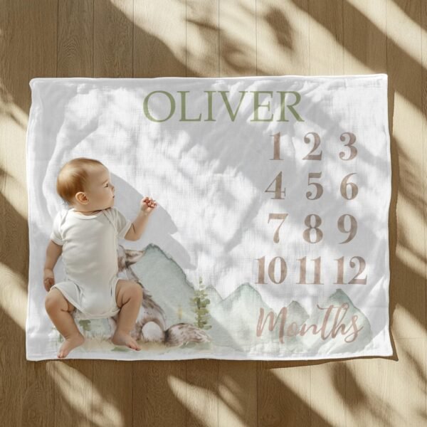 Personalized Baby Milestone Blanket Wolf Design Forest Theme Newborn Photography - Image 2