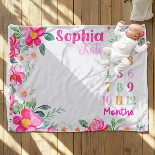 Personalized Baby Milestone Blanket Floral Design Newborn Monthly Photography Prop - Image 6