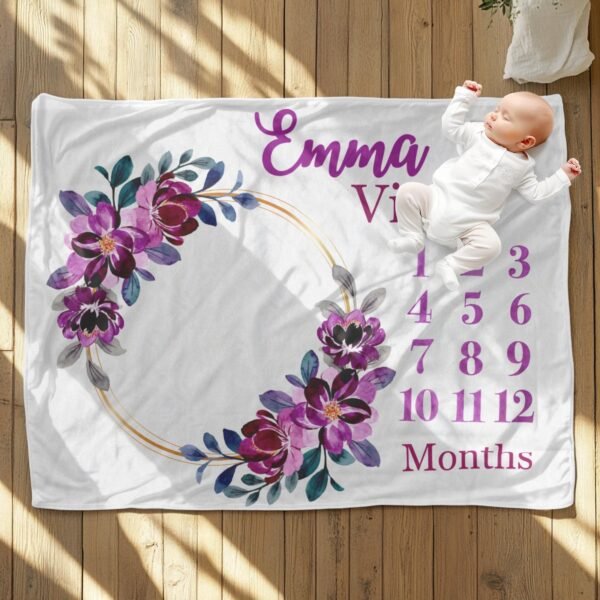 Personalized Girly Baby Milestone Blanket Purple Floral Wreath Design Newborn Monthly Photography Prop - Image 8