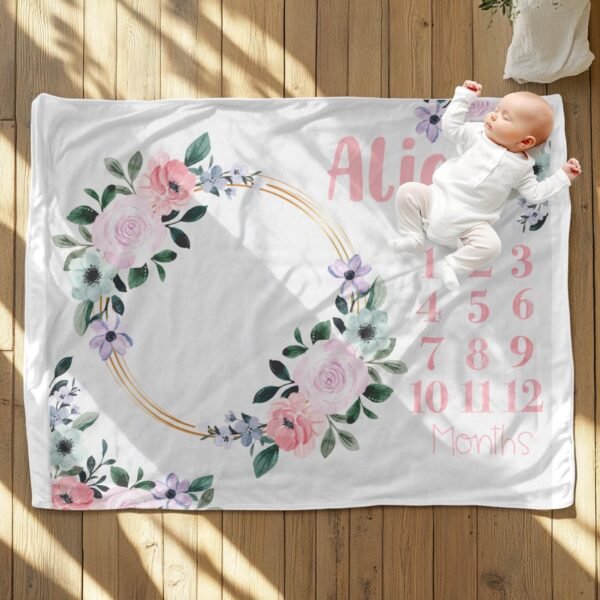 Personalized Girly Baby Milestone Blanket Floral Wreath Design Newborn Monthly Photography Prop - Image 5