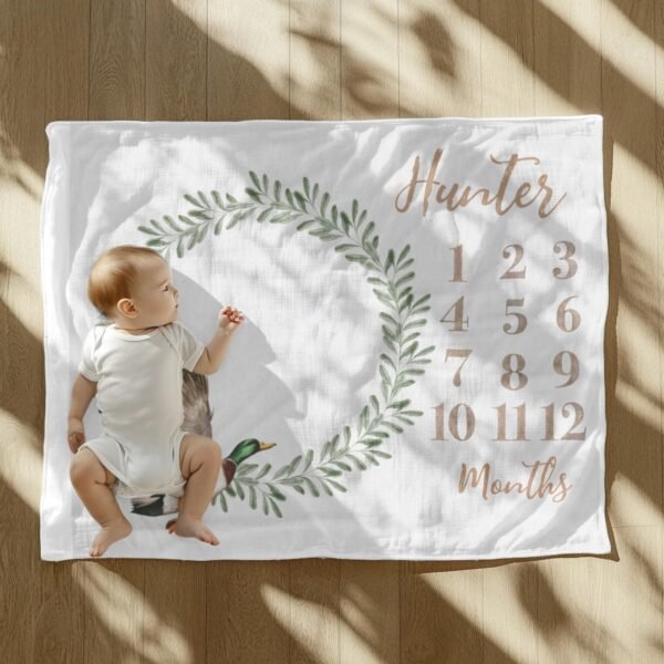 Personalized Baby Milestone Blanket Olive Leaf Wreath Duck Design Unique Monthly Growth Tracker Mallard Nursery - Image 2