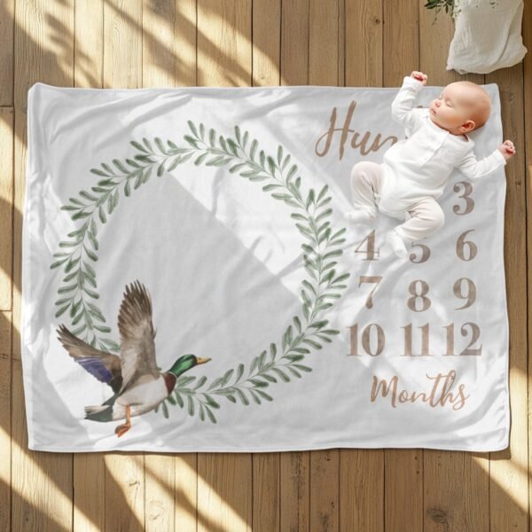 Personalized Baby Milestone Blanket Olive Leaf Wreath Duck Design Unique Monthly Growth Tracker Mallard Nursery - Image 10