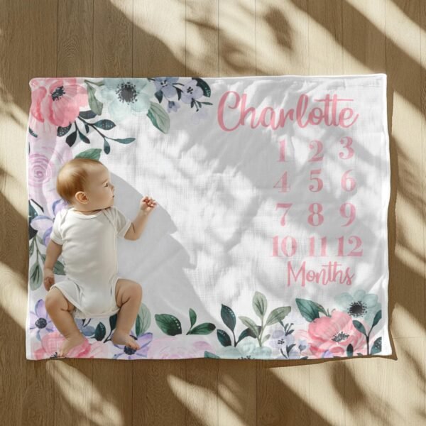 Personalized Floral Baby Milestone Blanket Custom Name Pink Green Purple Photography Prop Baby Shower Gift - Image 2