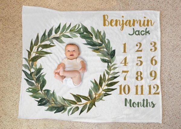 Leafy Wreath Personalized Baby Milestone Blanket Design Photo Prop Baby Shower Gift - Image 10