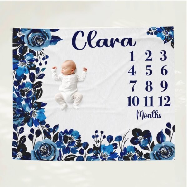 Blue Dark Floral Baby Milestone Blanket Custom Name Gothic Dark Blue Monthly Growth Tracker Personalized Girl Nursery Gift - Image 4