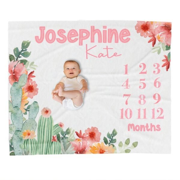 Personalized Baby Milestone Blanket Western Girl Floral Cactus Design Custom Name Photo Prop - Image 2