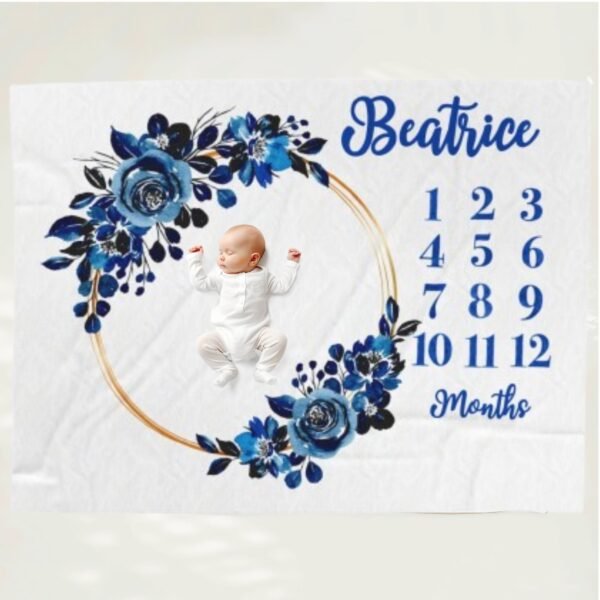 Dark Blue Floral Personalized Baby Milestone Blanket Blue Floral Design Dark Floral Gothic Blue Monthly Photoshoot Prop - Image 4