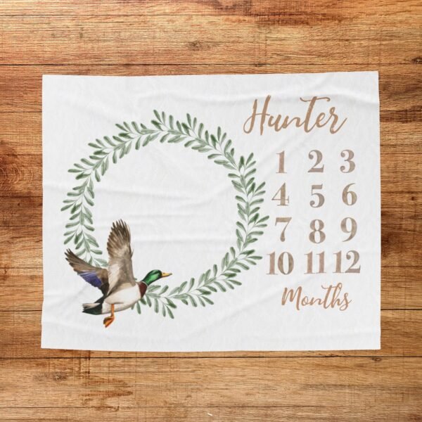 Personalized Baby Milestone Blanket Olive Leaf Wreath Duck Design Unique Monthly Growth Tracker Mallard Nursery
