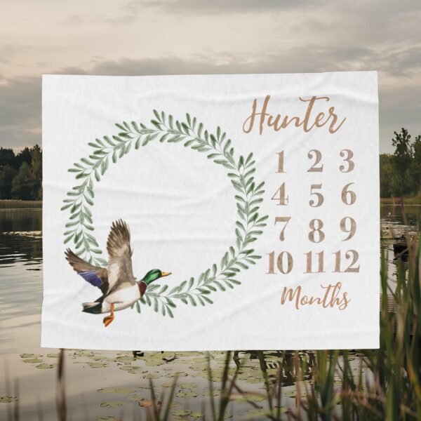 Personalized Baby Milestone Blanket Olive Leaf Wreath Duck Design Unique Monthly Growth Tracker Mallard Nursery - Image 4