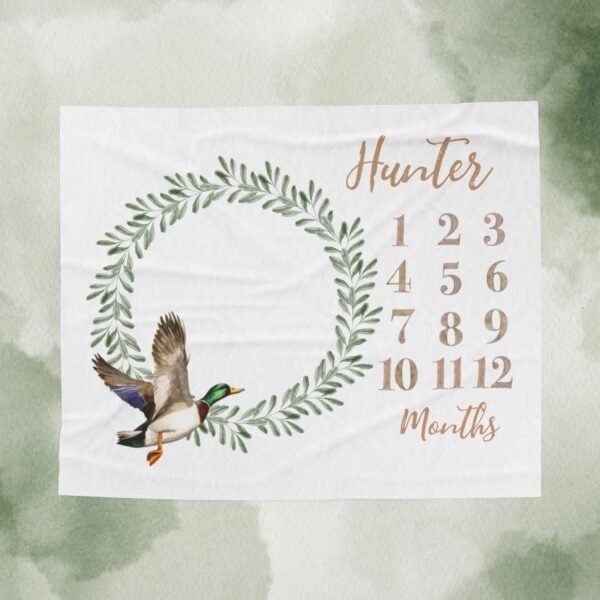 Personalized Baby Milestone Blanket Olive Leaf Wreath Duck Design Unique Monthly Growth Tracker Mallard Nursery - Image 6