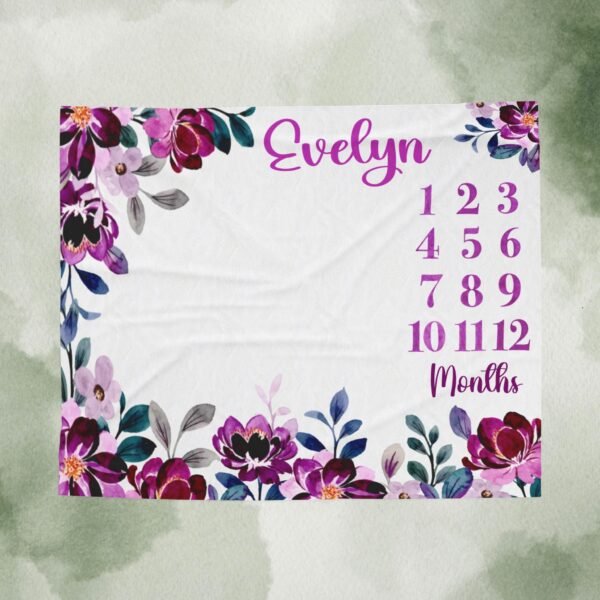 Personalized Baby Milestone Blanket Purple Floral Design Newborn Monthly Photography Prop - Image 6