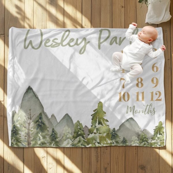 Personalized Baby Milestone Blanket Forest Theme Green Mountains Custom Name Nature Themed - Image 6