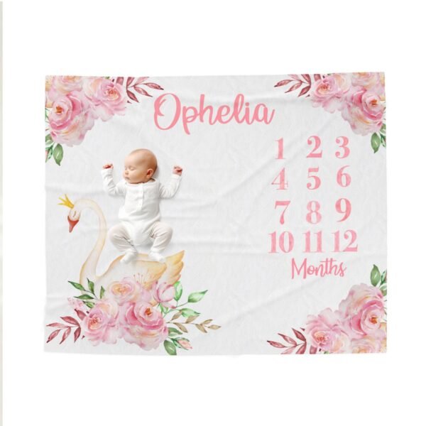 Personalized Floral Swan Baby Milestone Blanket Ophelia Monthly Photoshoot Prop Girl Room Gift - Image 10