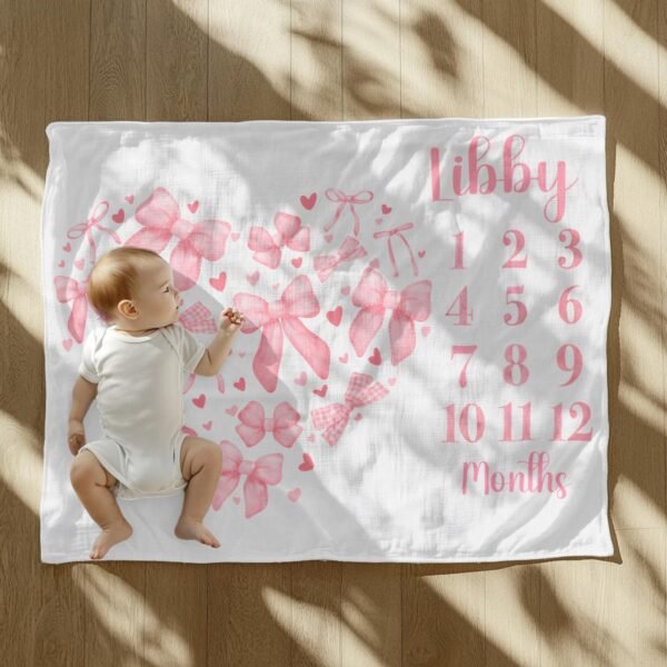 Monthly Milestone Baby Blanket Heart Shape Pink Bow Coquette Girl Photoshoot Prop - Image 10