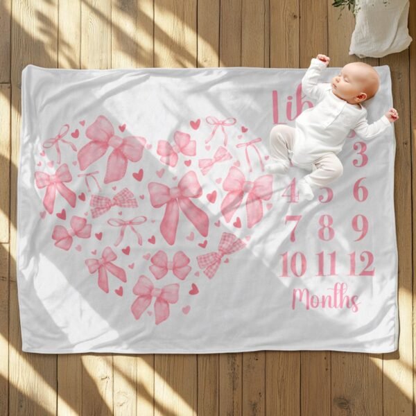 Monthly Milestone Baby Blanket Heart Shape Pink Bow Coquette Girl Photoshoot Prop - Image 2