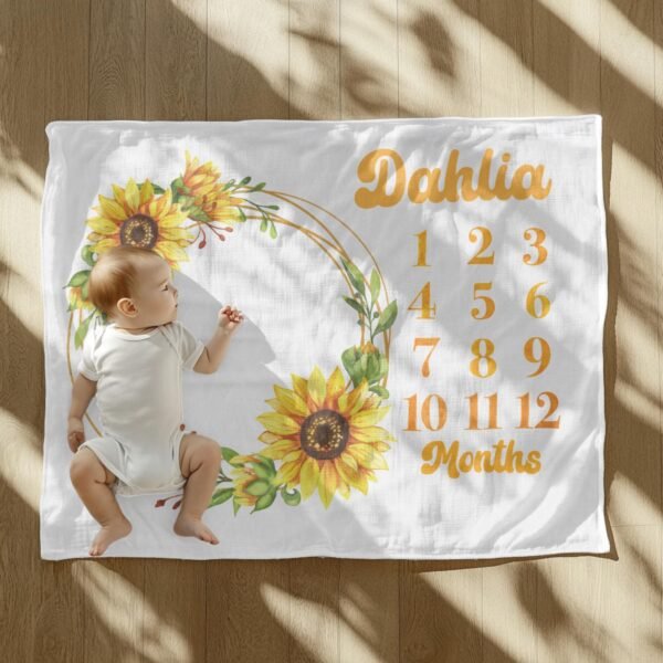 Sunflower Wreath Personalized Baby Milestone Blanket Custom Name Photography Prop Baby Girl Monthly Tracker - Image 8