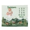 Custom Woodland Baby Milestone Blanket Mountain Forest Design Personalized Name Hunting Outdoors Nature Themed Nursery